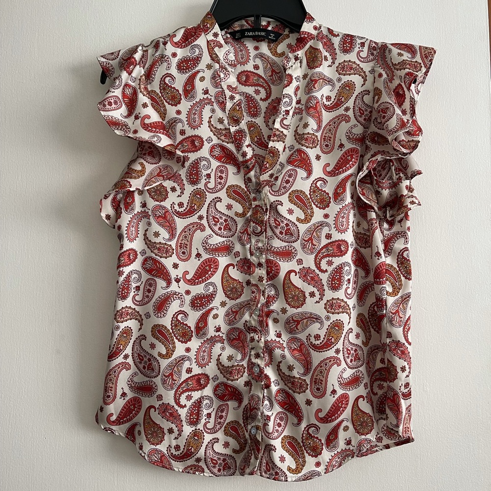 Zara Basic Print Button Front Blouse Ruffle Sleev… - image 1